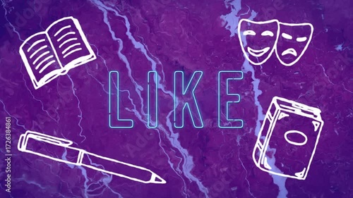 Flickering strokes sketching neon-blue LIKE and drawing book, mask, pen icons to reveal message