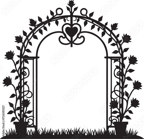 Black silhouette garden arch with roses and heart black and white