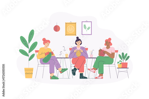 Illustration of three women knitting together at a table surrounded by plants, fostering community, craft hobbies, friendship, and sustainable living in a cozy environment.