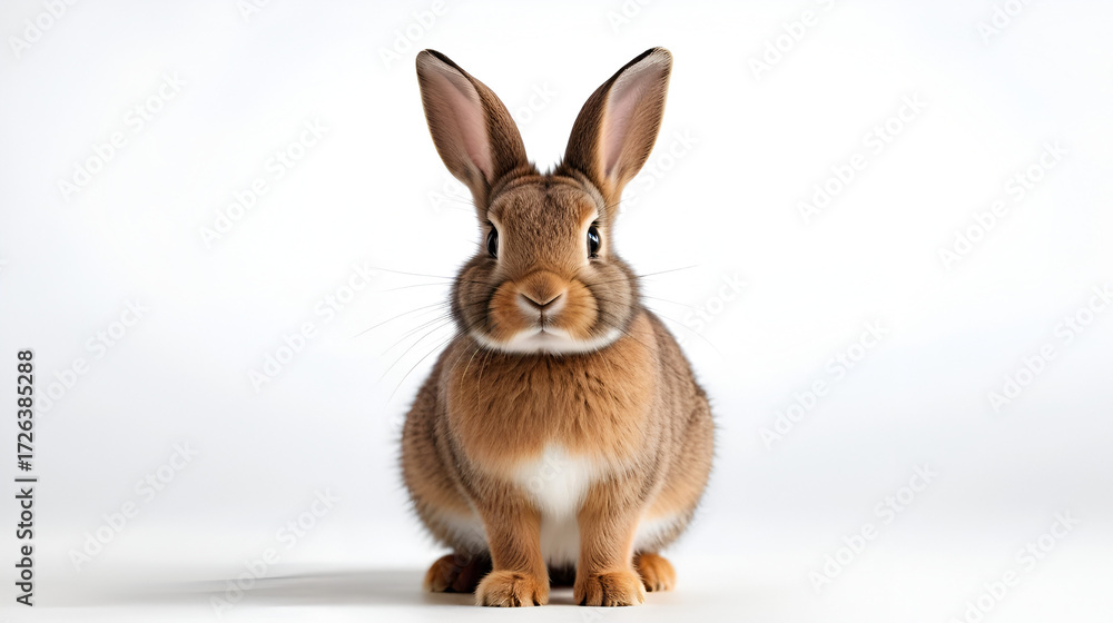 Obraz premium A cute brown rabbit sitting on a white floor. Isolated background. Transparent PNG.