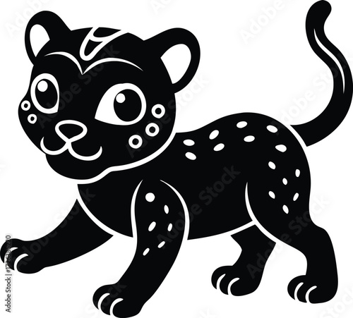 Cute cartoon black panther cub with spots and big eyes