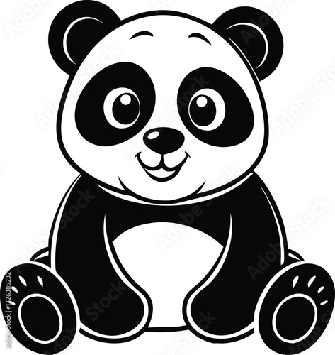 Cute cartoon panda bear sitting and smiling with black and white illustration