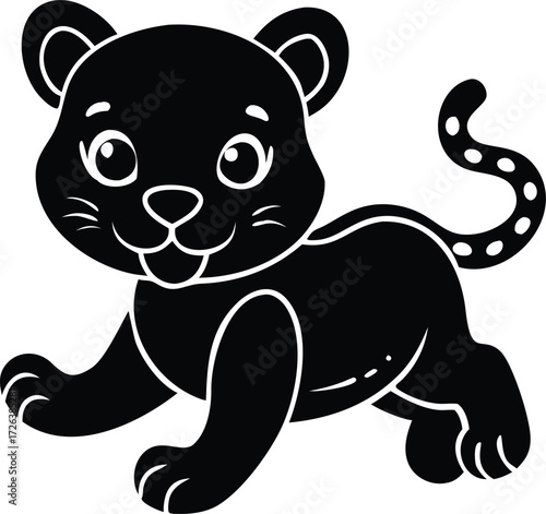 Cute cartoon black panther cub with big eyes and spots