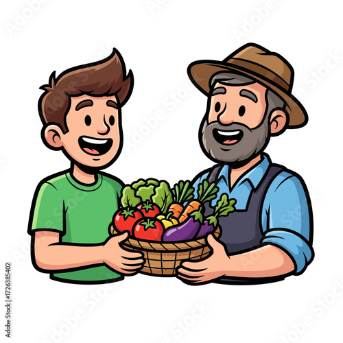 Smiling farmer and young man happily present a basket of vibrant, fresh, healthy garden vegetables