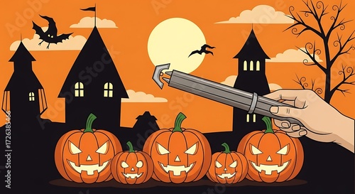 Halloween Pumpkin Carving Scene with Handheld Tool.