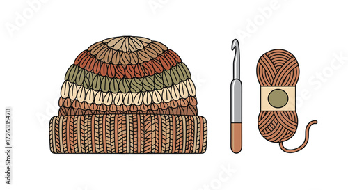 Colorful Knitted Beanie, Crochet Hook, and Yarn Ball: A Cozy Crafting Illustration for Winter Hats, Handmade Gifts, and DIY Projects