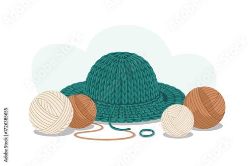 Knitted Hat and Yarn Balls, Craft Supplies, DIY Project Illustration: Handcrafted, cozy, knitting hobby, yarn art, creative designs, and textile crafting.