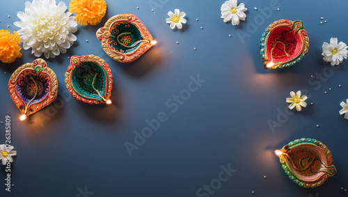 Happy Diwali - Clay Diya lamps lit during Diwali, Hindu festival of lights celebration. Colorful traditional oil lamp diya on blue background