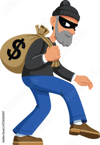 Cartoon thief character illustration, sneaky burglar with money bag, masked robber tiptoeing, crime concept drawing, financial security risk, burglary symbol
