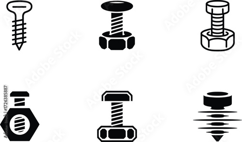 Set of Icons Featuring Various Screws and Bolts