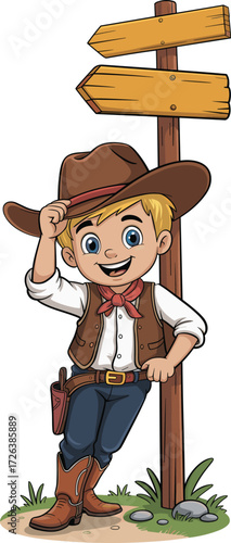 Cartoon cowboy character illustration, western boy tipping hat, wooden signpost arrows, adventure choice concept, rural countryside background, funny smiling ranch kid
