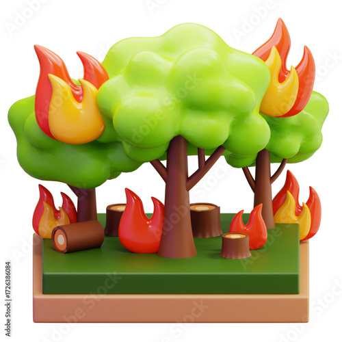 Conceptual 3D icon showing a forest on fire with tree stumps, representing ecological disaster, deforestation, and the urgent crisis of global warming