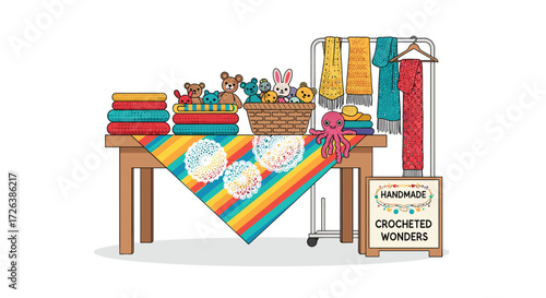 Charming Handmade Crochet Market Display with Stuffed Animals, Scarves, and Doilies for Sale, Featuring a Whimsical and Colorful Aesthetic in a Cartoon Style