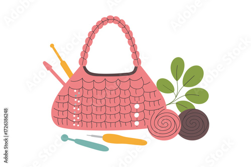 Stylish Crochet Bag with Tools and Yarn: Crafting Accessories and Supplies for Handmade Projects, DIY Hobbies, Knitting and Creative Activities, and Fashion