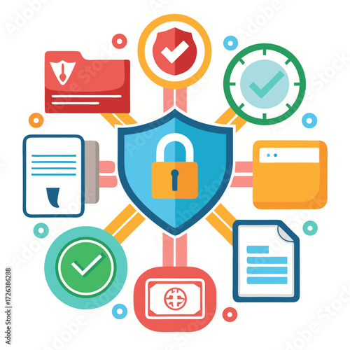 Secure digital data protection with locked shield and verified icons representing cybersecurity, privacy, and system integrity concepts.
