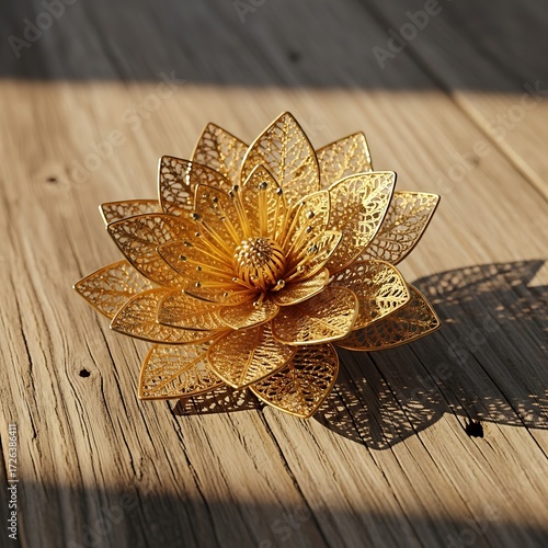 Golden Lotus Flower Ornament on Wooden Surface.
