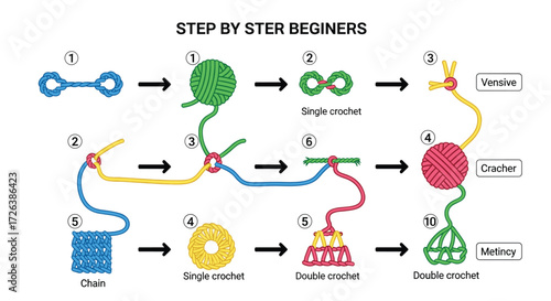 Step-by-Step Crochet Guide for Beginners: Learn basic crochet stitches with this easy-to-follow diagram tutorial showing chain, single, and double crochet techniques.