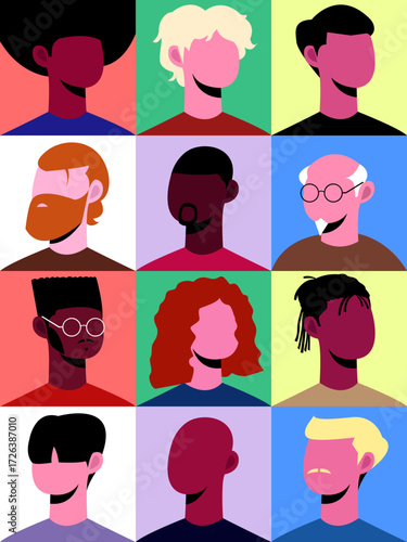 Colorful grid of twelve stylized portraits each showing unique hairstyles facial features and accessories representing diversity individuality and modern flat design on vibrant backgrounds