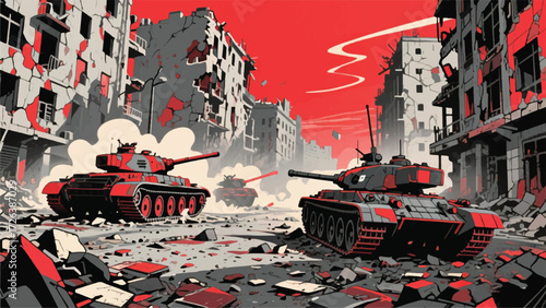 Tank War In The City Illustrator Artwork Banner Background Design Template 