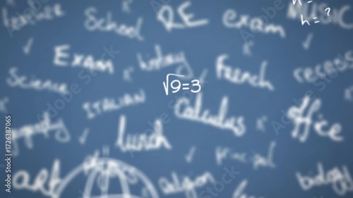 Chalkboard backdrop showing drifting subjects, equations animating and globe pulsing for education