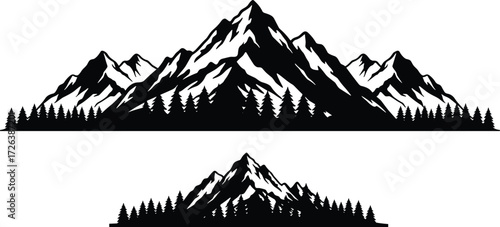 Mountain forest silhouette vector, alpine peak illustration, outdoor landscape design, wilderness nature artwork, black hiking graphic, adventure climbing symbol, evergreen trees
