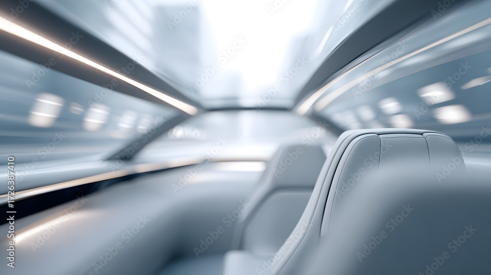 Fototapeta premium Autonomous car interior blurred workspace desk inside moving lounge