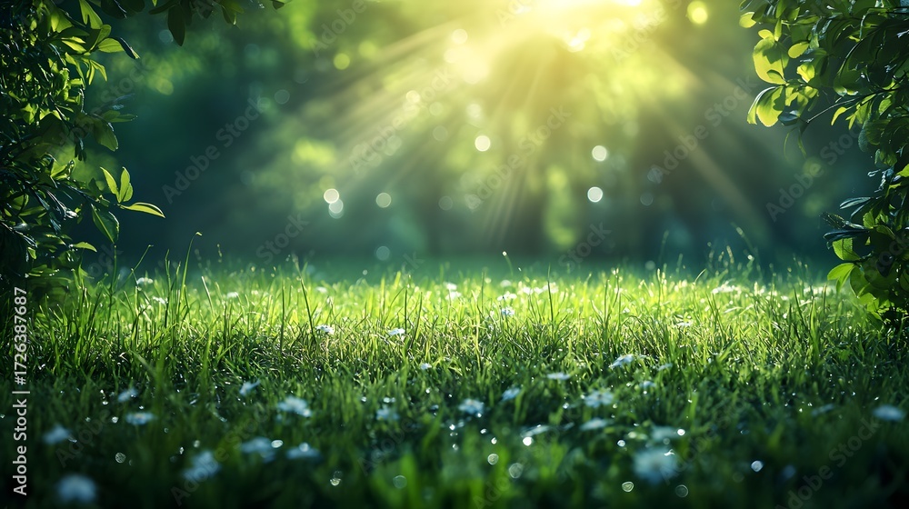 Fototapeta premium Sunlight through forest trees illuminating green grass with white wildflowers bokeh background