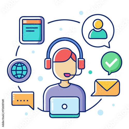 Customer support agent with headset and laptop connecting globally with messages, email, and user feedback for excellent service solutions