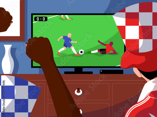 Two football fans cheer in a cozy living room while watching a live match on TV wearing checkered outfits and hats the scene captures excitement teamwork and the spirit of sports togetherness