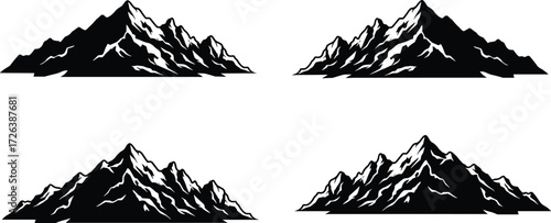 Mountain silhouette vector set, black alpine peak illustration, outdoor adventure design, hiking landscape graphic, wilderness artwork, climbing nature symbol