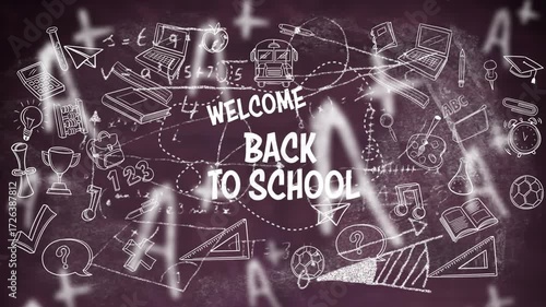 On startup, chalk doodles and icons floating connecting trails forming welcome back to school sign