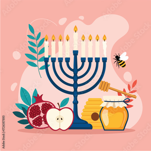 Hanukkah menorah with candles, honey, pomegranate, and apple, symbolizing the Jewish festival.