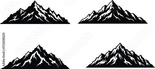 Mountain peak silhouette vector collection, black alpine illustration design, outdoor nature artwork, hiking landscape graphic, wilderness adventure icon set