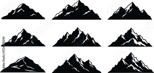Mountain peak silhouette vector set, black alpine illustration design, outdoor adventure artwork, hiking landscape icon, wilderness nature graphic collection