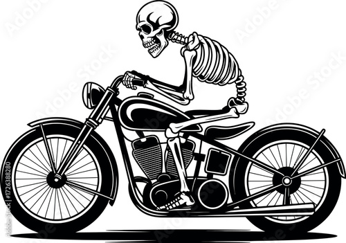 Skeleton biker speeding on a vintage motorcycle, embracing the thrill of the ride.