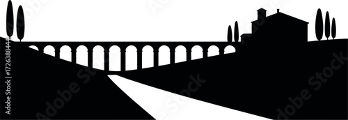 Silhouetted ancient aqueduct and villa on rolling hills under a bright sky