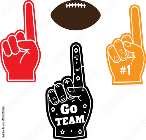 Three vibrant foam fingers in red, orange, and black, along with a brown American football, are displayed isolated on a clean white background.