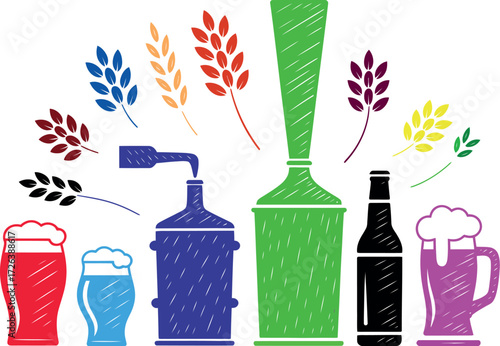 Vibrant illustration of craft beer brewing process with colorful ingredients
