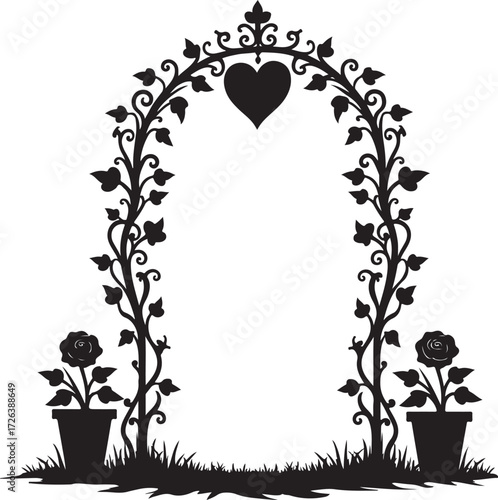 Black silhouette floral arch with heart and potted roses