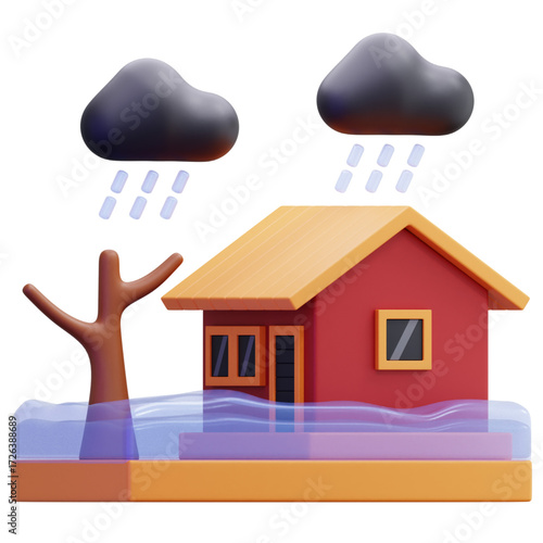 3D rendered illustration showing a residential house submerged by severe flooding, with heavy rainfall and dark storm clouds above, symbolizing natural disaster and urgent climate change impact