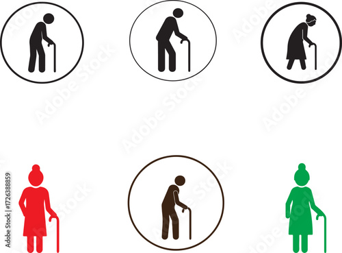 A set of circular icons depicting elderly individuals using walking sticks. The icons feature varied silhouettes and colors, all isolated on a clean white background.