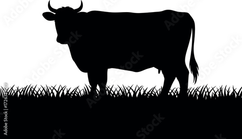 Silhouette of a cow standing in grassy field on a white background