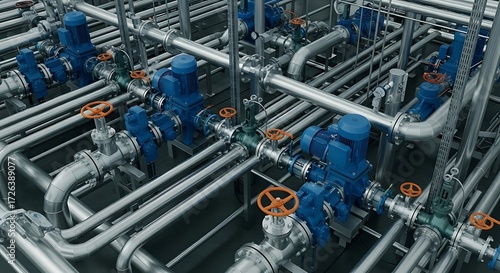 Complex Industrial Piping System with Blue Pumps and Orange Valves