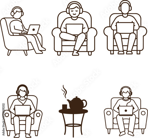 A collection of silhouettes depicting individuals of various ages and genders using laptops and wearing headphones, all presented on a clean white background.