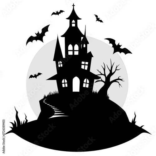 Halloween haunted house vector illustration with bats and full moon spooky night scene design art