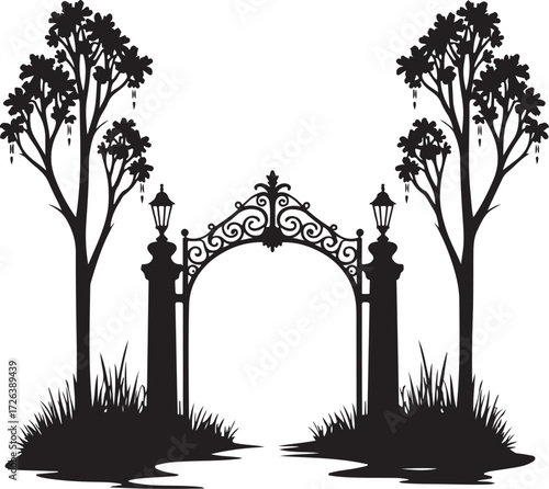 Black and white silhouette of ornate gate with trees and lamps