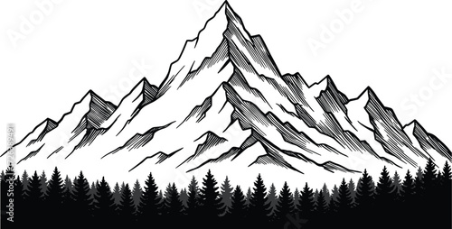 Mountain forest silhouette, high peak landscape, nature illustration, pine tree wilderness, vector artwork, outdoor scenery, alpine background, adventure graphic design
