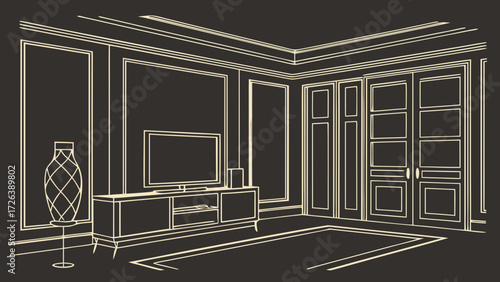 Interior design outline showing a living room with tv cabinet doors and a decorative vase standing near wall