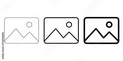 Set of three outline image icons with different line weights, showing a simple mountain and sun landscape, ideal for gallery and UI, UX placeholders, vector illustration on transparent background.