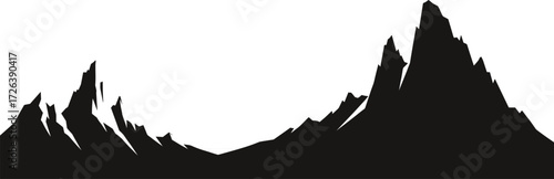Mountain silhouette landscape, black vector peaks, rocky cliff, natural scenery, outdoor adventure, hiking background, wilderness design, alpine ridge, horizon